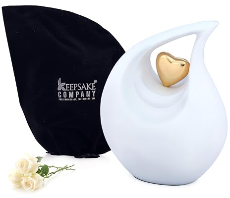 KEEPSAKE COMPANY Ensemble d'urne en Forme de Larme, 10 Pouces, avec des Motifs d'insertion de cœur pour la liste des Parents (Blanc Mat avec cœur doré), cœur doré Blanc Mat