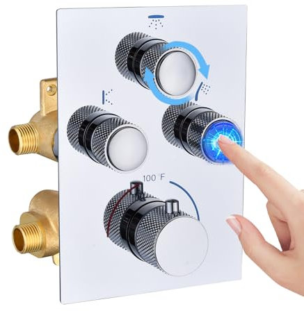 NPYSVSSS Push Button 3 Way Thermostatic Shower Diverter Valve, Concealed 3 Outlet Multi Function Brass Mixer Shower Valve Kit Can Control Flow and On-Off Simultaneously, Polished chrome
