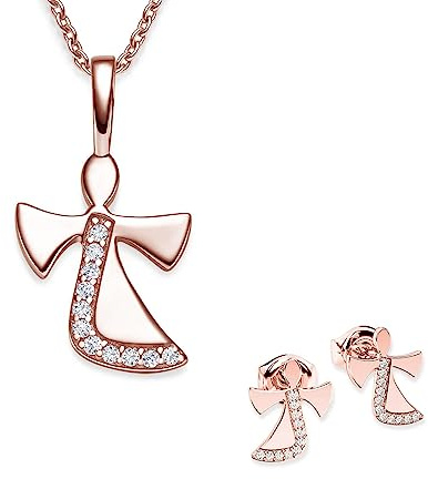 Schmuckset Mädchen Rosegold (Silber 925 vergoldet) Engel Kette Kommunion | Geschenke für Mädchen Schmuck Schutzengel Kette Kinder Geburtstag Taufe Geschenke zur Geburt Kinderkette Halskette Ohrringe