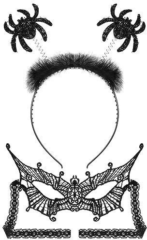 Xinnun 2 Stück Karneval Schwarz Spitze Umfasst Schwarz Fledermaus Maskerade Spitzen Augenmaske und Fledermaus Ohren Haarreifen Stirnband Kopfbedeckung für Frauen Erwachsene Cosplay