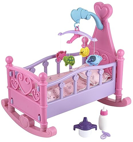 Baroni Toys Culla a Dondolo per Bambole Gioco Bambine, Gioco per Bambine Set Nanna per Bambole, Gioco di Ruolo Bambina con Lettino Basculante Biberon e Ciuccio, Gioco per Bambini 3 4 5 6 7 Anni