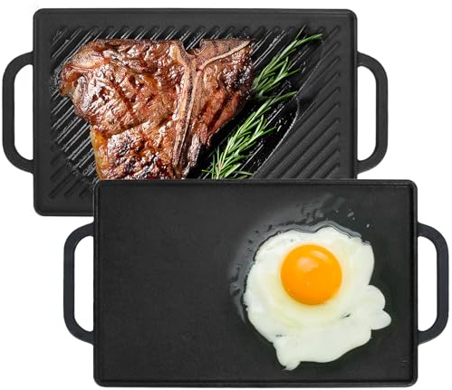 GasSaf Small Cast Iron Griddle 13x8.25 for Double Burner Stove Top, Double Sided Reversible Cooking Pan for Gas Grill Top Outdoor Camping, Gas Stovetop Grill Flat Griddle Pan Cast Iron Kitchen Cooking