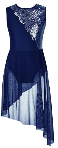 iiniim Vestido Lentejuelas de Baile para Niña Maillot Patinaje Artistico Brillantes con Falda Gasa Leotardos Danza Body Ballet Disfraz de Baile Actuación A Azul Marino 7-8 años