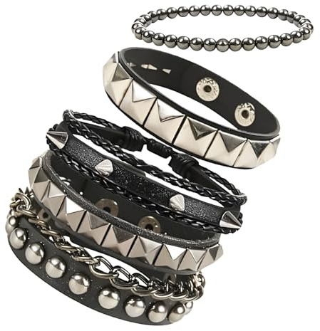 Nadiaen 4-Piece Studded Punk Accessories - Black Gothic Spike Bracelets with Metal Studs for Men & Women - Adjustable, Rock, Vintage Gothic Style - Adult