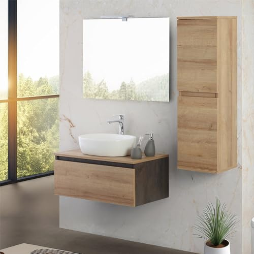 Mobile bagno sospeso 80 cm ossido e rovere africa con cassetto soft-close, lavabo in appoggio e specchio reversibile 60x80 cm, KLEO