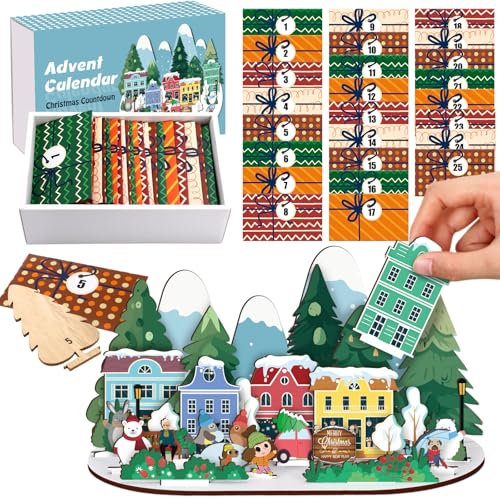 Colingmill Adventskalender aus Holz, Weihnachts-Countdown-Geschenk-Set mit 25 Geschenkumschlägen für Tisch Fenster Dekor Regale Tisch Mittelstücke Dekoration (Weihnachtsdorf)