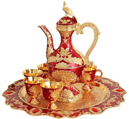 Sharplace Juego de Cafetera, Juego de Servicio de Agua, Servicio de Café Chino con Tazas Y Bandeja, Decoración de Mesa para Fiesta, Hogar, Dormitorio, Mesa de C, Rojo Dorado, Individual