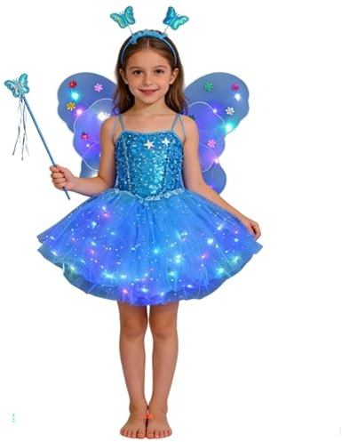 Generico Costume Farfalla Bambina - Costume Fatina 4Pcs Fata Ragazza Vestito Principessa Farfalla con Ali Bacchetta Tutù Cintura per i Capelli per Ragazze Bambina Feste a Tema Carnevale