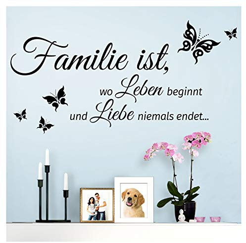 Grandora Wandtattoo Spruch Familie ist, wo Leben beginnt und Liebe Niemals endet... I schwarz (BxH) 80 x 40 cm I Wohnen Schmetterling Wandsticker W5548