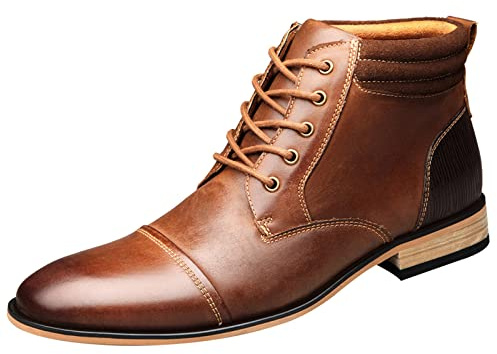 ANUFER Hombre Piel Auténtica Cordones Cremallera Lateral Botines | Punta Gorra, Bota Alta, Zapatos Formales de Vestir, Talla Europea Estándar