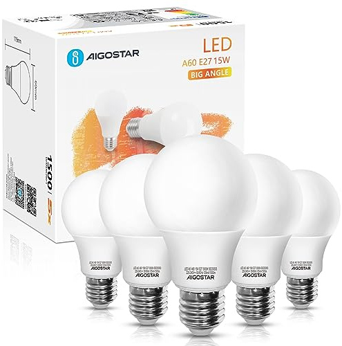 Aigostar LED E27 Warmweiß 15W Leuchtmittel Birne Lampe 3000K 1500 Lumen Abstrahlwinkel 280 Grad A60 Glühbirnen Tropfen 5 Stücke Energiesparend