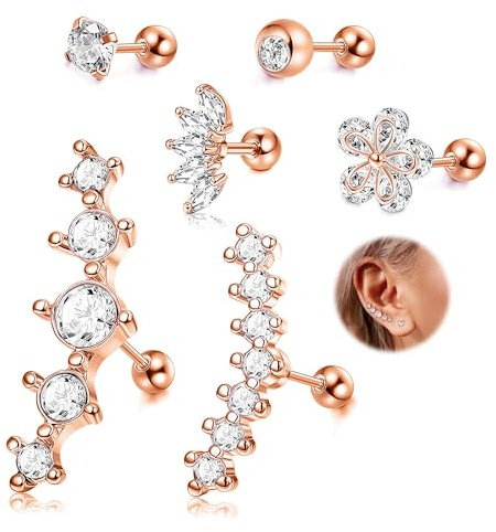 CASSIECAR 6 Stücke 16G Edelstahl Silber Ohrknorpel Ohrringe für Damen Mädchen Tragus Helix Ohrring Niedlich Blume Conch Flache Rückseite Tragus Helix Piercing Schmuck