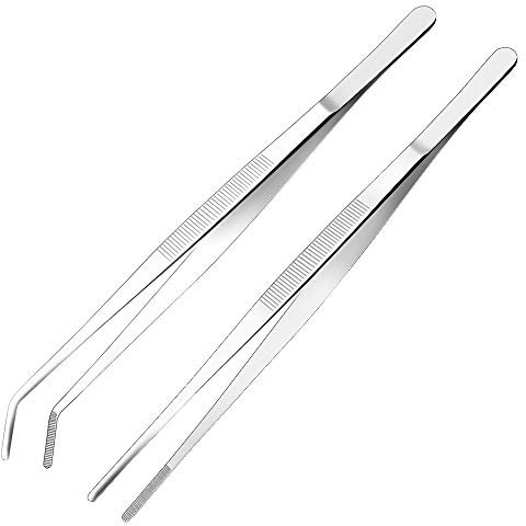 Yimi Kitchen Tweezers Stainless Steel 12 Inch Long Tweezers Tongs, Heavy Duty large food tweezers with Precision Serrated Tips for Cooking and Medical (12 Straight+Curved)