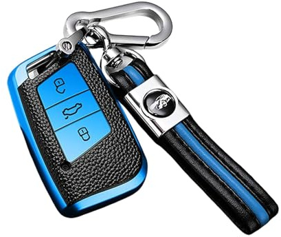 ontto Autoschlüssel Hülle Cover für VW Magotan Passat B8 CC Golf 7 Tiguan MK2 Jetta Skoda Superb A7 Kodiaq TPU Leder Schlüsselhülle mit Schlüsselanhänger Schlüssel Schutz Etui Fernbedienung-Blau
