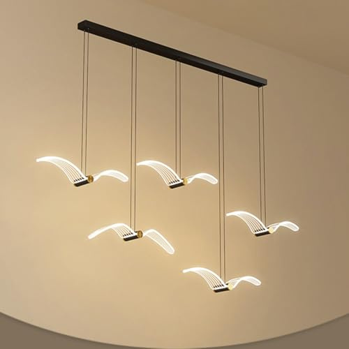 LED Pendelleuchte Hängelampe Dimmbar 3 Farben Modern Rechteck Kreativ Weiß Acryl Möwe Design Deckenleuchte Kronleuchter für Esszimmer Wohnzimmer Schlafzimmer küchenlampe, 5-flammig Höhenverstellbar