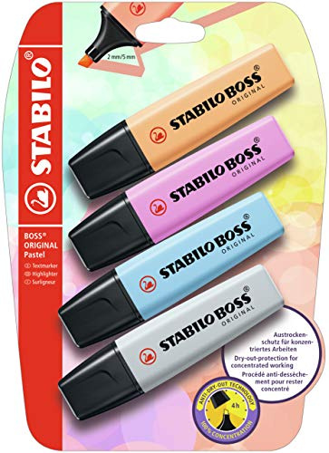 STABILO BOSS ORIGINAL Pastel - Evidenziatore - Pack da 4 - Arancione Papaya/Fucsia Freddo/Azzurro Cielo/Grigio Polvere