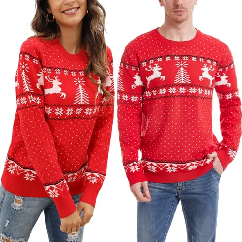 Suéter de Navidad Mujer Jersey Navideño Sudaderas Navideñas Clásico Sweaters Christmas Pullover Punto Manga Larga Cuello Redondo Otoño Invierno Rojo S