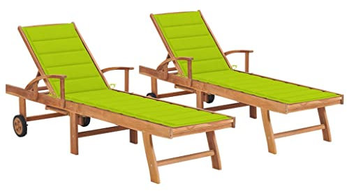 vidaXL 2X Teak Massiv Sonnenliege mit Hellgrünen Auflagen Gartenliege Liege Gartenmöbel Relaxliege Strandliege Holzliege Liegestuhl Freizeitliege