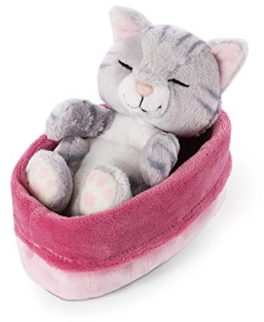 NICI Kuscheltier Sleeping Kitties Katze 12cm, grau, im pink-lilanen Körbchen