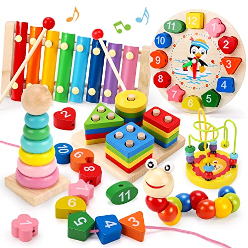 REMOKING 6 in 1 Wooden Montessori Toys for Toddlers Age 1–3, Shape Sorting, Stacking, Colour & Number Learning Toy Set with Xylophone and Clock, Educational Wooden Toys for Boys and Girls