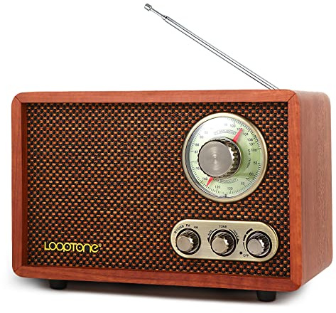 LoopTone USB SD Multifunction AM FM Vintage Radio with Bluetooth Speaker,Retro Wood Table Radio for Kitchen Living Room with Rotary Knob