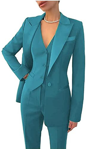 Leader of the Beauty, Traje elegante para mujer de 3 piezas (chaqueta, chaleco, pantalones), adecuado para oficina, trabajo, negocios, baile de graduación, fiestas, azul turquesa, Large