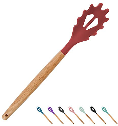 Cucchiaio per spaghetti in silicone rosso, 30 cm, con manico in legno, cucchiaio per pasta, senza BPA