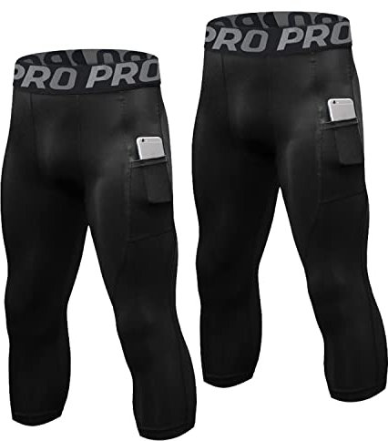 LNFINTDO Leggings de Compression 3/4 pour Homme avec Poche Séchage Rapide Leggings de Sport Pantalon de Base Layer Collant pour Basketball Fitness Jogging
