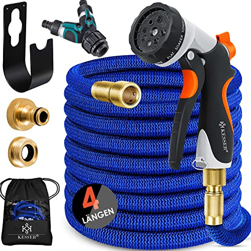 KESSER® flexibler Gartenschlauch 45 m, dehnbarer Flexischlauch, Wasserschlauch mit 3-fach Latexkern, 8 Modi Sprühpistole, Messing Anschlüsse + Wandhalterung, 1/2 & 3/4 Adapter & Tasche, Blau