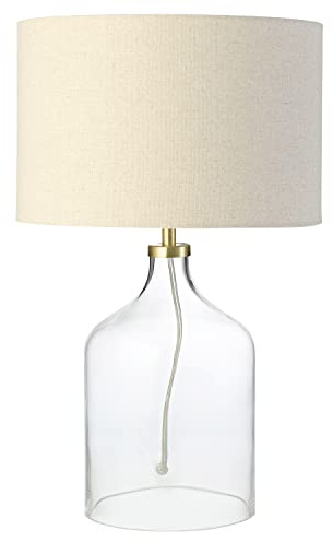 Happy Homewares Contemporary Elegant Table Lamp with Clear Glass Base and Oatmeal Linen Fabric Shade | 1 x E14 60w Maximum | 44cm Height | Brushed Brass Trim