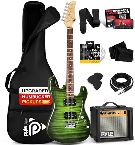 Pyle Electric Guitar Kit with Amp, Full Size Instrument with Humbucker Pickups, Guitarra Electrica Amplifier and Beginner Bundle Accessories, 39 Green