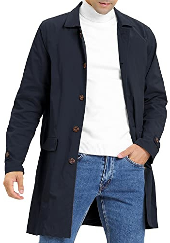 Feziakuk Herren Trenchcoat Einreihig Lang Mantel Leichter Revers Herbst Winter Jacke Übergangsjacke, Dunkelblau L