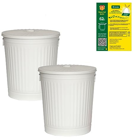 Jinfa 2 Bidoni in metallo laccato a polvere con manici e coperchio design retrò + 5 sacchetti per pattumiera | Bianco crema | Ø 44 cm | Capienza 62L