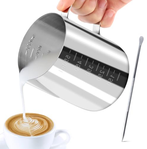 JOPHEK Milchkännchen, Handheld Edelstahl Aufschäumkännchen, Kaffee Creamer Milch Aufschäumer Kännchen Tasse mit Messung Mark und Latte Art Pen, Milchkännchen Perfekt für Barista Espresso Latte (600ml)