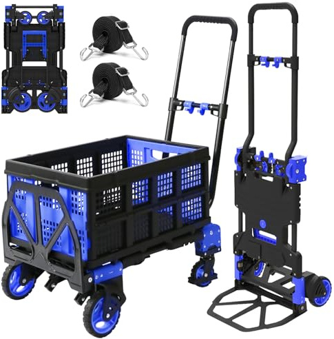 Oyoest 2 in 1 Folding Hand Truck with Folding Basket,Heavy Duty Hand Truck Dolly 330lbs Capacity with Telescoping Handle and Rubber Wheels,Portable Dolly Cart with Bungee Cords for Moving