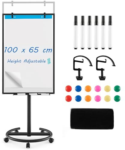 GIANTEX Flipchart Ständer 100 x 65cm, mobiles Whiteboard auf Rollen, Höhenverstellbare Magnettafel mit Stiftablage, Trocken Abwischbar, inkl. Radierer, Markern, Magneten & Clips (Schwarz)