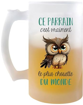 Planetee Chope Ce Parrain Le plus Chouette | Verre à bière Pinte Famille Prénom Cadeau Anniversaire Noël Humour
