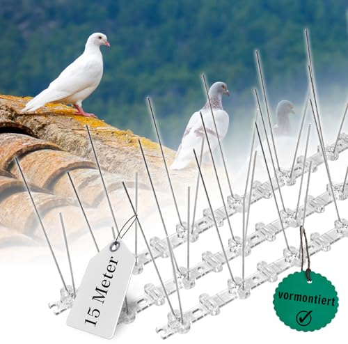 PRIOstahl Taubenabwehr Taubenspikes Vogelabwehr mit Kunststoffgrundplatte 2-reihig 15 Meter (30 x 0,50cm Spikes) Vogelschutz Abwehr für Balkon Dach Fenster UV-Beständig & rostfrei Edelstahl V2A