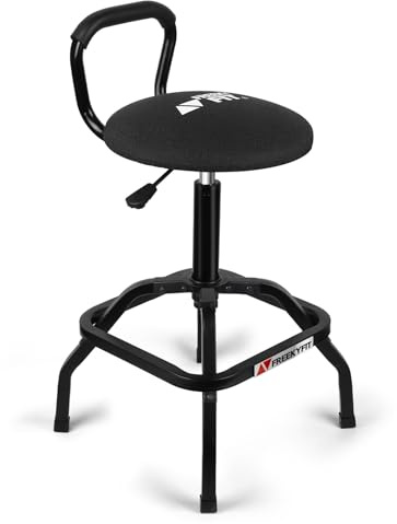 FreekyFit Tabouret de garage pivotant à hauteur réglable avec dossier, chaise d'atelier pneumatique pour la maison, l'atelier, capacité de 136 kg, rotation à 360°, très résistant, noir