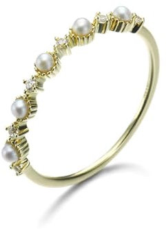 18 Karat Gelbgold Eheringe Weiß Perle Runden, Eternity Ring Schmal mit Zirkonia-Perlen Zirkonia Ring Damen Größe 45 (14.3)