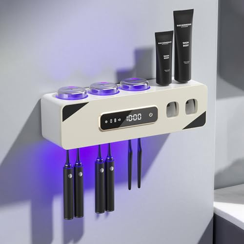 Halter für UV-Zahnbürsten-Desinfektionsmittel, UV Desinfektions Zahnbürstenhalter mit Trocknen, mit 2 Wand Badezimmer Automatischer Zahnpastaspender, LED-Touchscreen, 6 Zahnbürstenfächern-Beige White