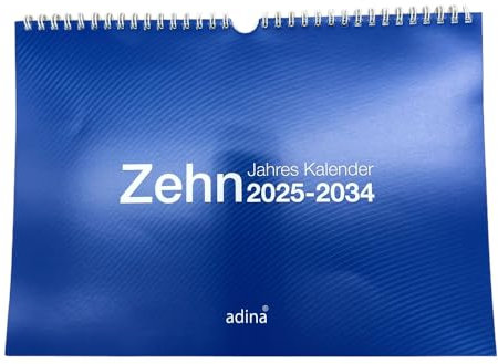 2025 Adina Zehnjahres-Kalender A4 blau Querformat mit Spiralbindung und Wandaufhängung