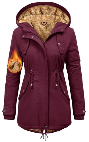Nadeer Parka Donna Invernale Cappotti Caldo Giacca con Cappuccio Media Lugghezza Hoodies Impermeabile Cappotto Imbottito Giubbotto con Tasche(Rosso vino,S)