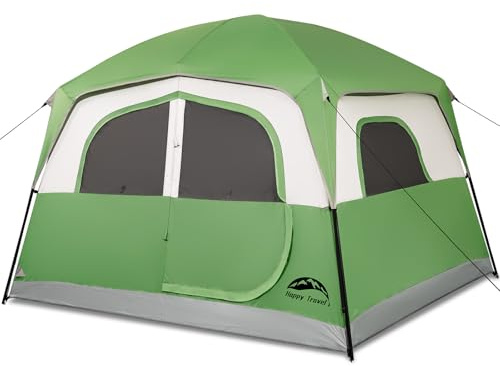 Happy Travel Tent 6 Person Tents for Camping, Waterproof Easy Setup Camping Tent with Rainfly, Portable Large Family Cabin Tent with 5 Large Mesh Windows and Carry Bag for Outdoor Camping & Hiking