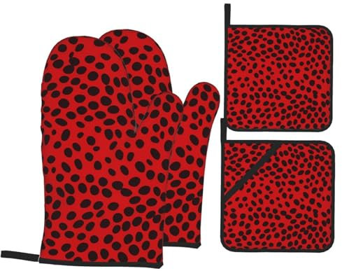 YYHHAOFA Set di quattro pezzi da cucina con stampa leopardata rossa, guanto da forno isolato e presine per una protezione anti-scottatura spessa e durevole