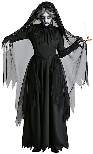 Halloween Kostüm Damen, Damen Geist Braut Kostüm Horror Geisterbraut Zombiebraut Kleid Gruselig Dämonen Brautkleid mit Schleier Halloween Karneval Cosplay Fasching Mottoparty Kleidung