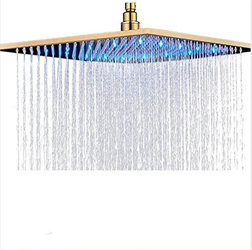 Alcachofa de ducha grande de lluvia con luz LED cuadrada de color dorado, diseño colgante de 12 pulgadas, cabezal de ducha de lluvia negro, moderno y elegante, acabado dorado, pantalla de luz LED,