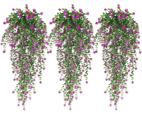 3 Stück Kunstpflanze Hängend, Künstliche Eukalyptuspflanzen zum Aufhängen, Künstliche Hängepflanzen wie echt Weiß, Balkonpflanzen Plastikpflanzen für Wanddekoration Indoor Outdoor (Grün + Rot)