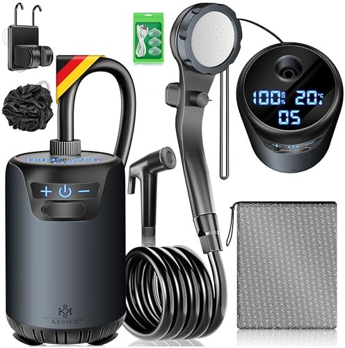 KESSER® Campingdusche Mobile Dusche mit Pumpe & wiederaufladbarem Akku 8000mAh | Camping Dusche Set inkl. einstellbarem Duschkopf, 2m Schlauch, Sprühpistole & Halterung