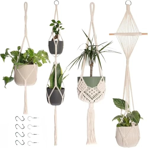 4 Stück Makramee Blumenampel, Baumwollseil Blumenampel Hängend Innen,Deko Boho Makramee Hängeampel,Pflanzen Aufhängen Fenster, Pflanzenaufhänger Hängepflanzen Topf für Innen Außen Balkone Deko (B)